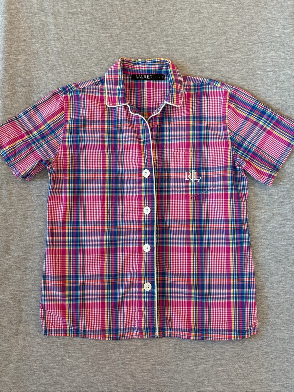 Lauren Ralph Lauren Plaid Pajama Top Pink Multi Short Sleeve S
